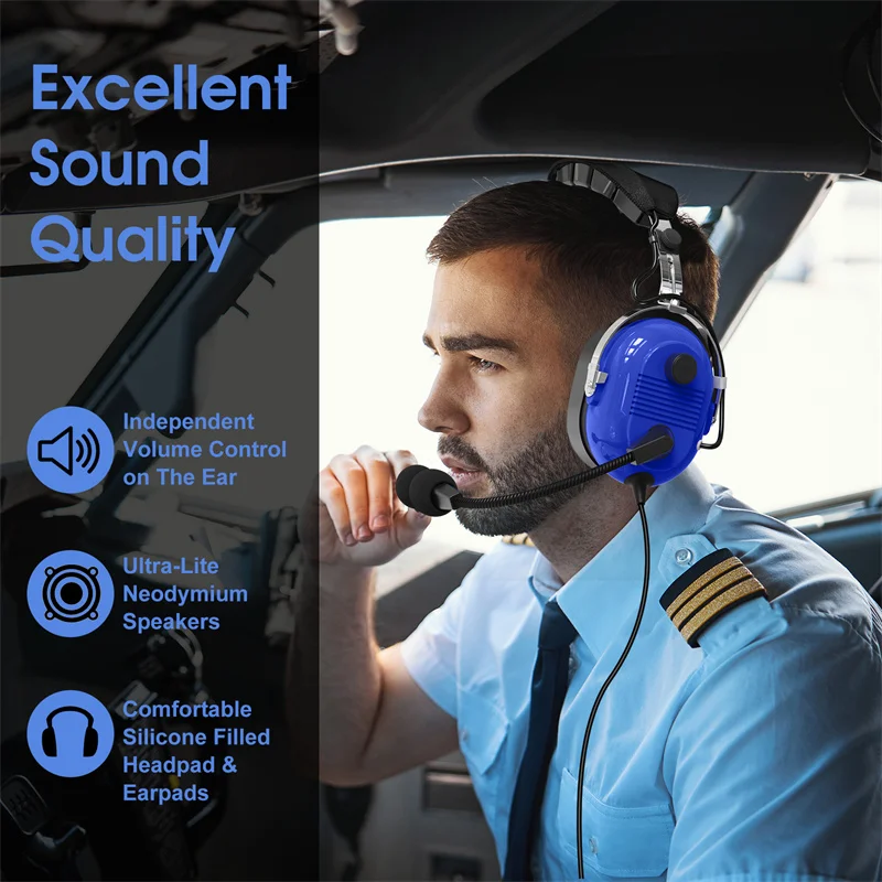 Aviation Headset, Noise Cancelling Pilot Headset with Adjustable ANR,  Lightweight Comfortable Design, Dual Plug, Blue