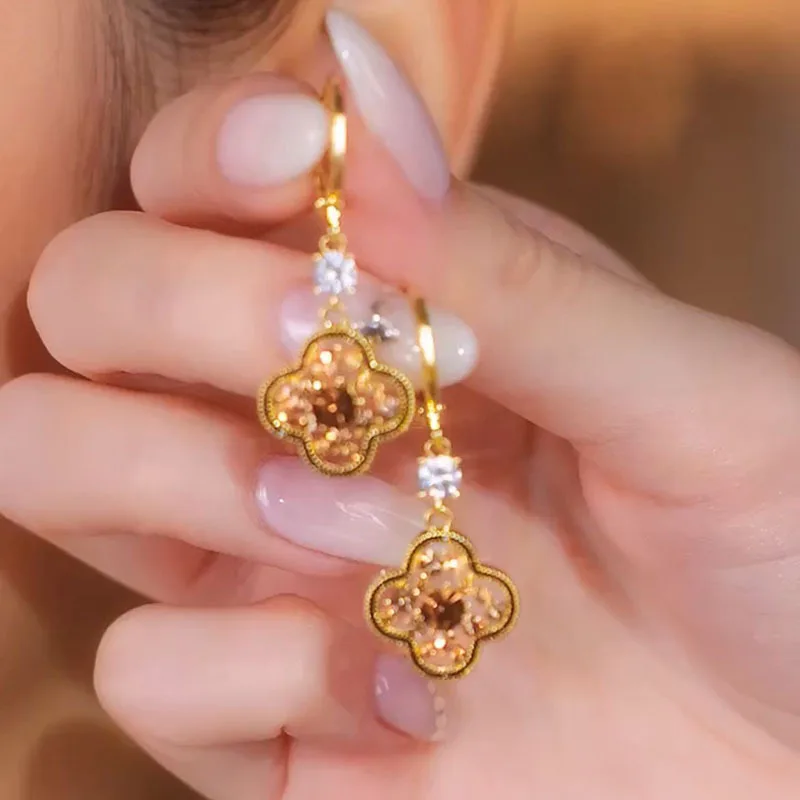 Hypoallergenic Needle Personalized 14 K Gold Filled Huggie Earrings Flower Four Leaf Clover Zirconia Earrings Women Jewelry