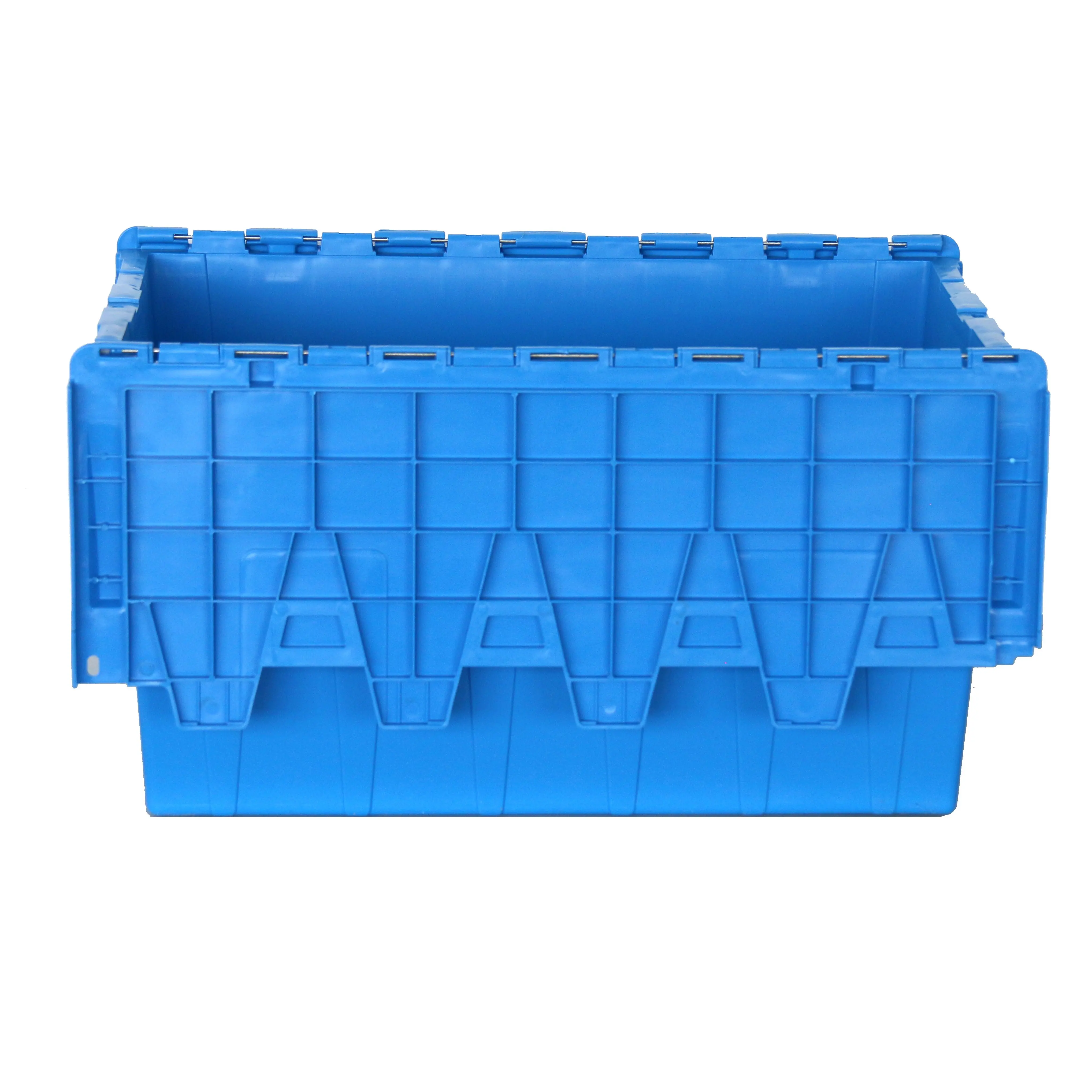 Factory supply reasonable price 56L stack & nest solid plastic storage crate heavy duty moving totes with lid