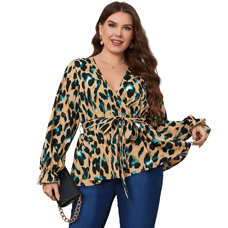 American And European Style Deep V Collar Top Puff Sleeve Floral Print Shirt Loose Waist With Waistband Plus Size Blouse Women