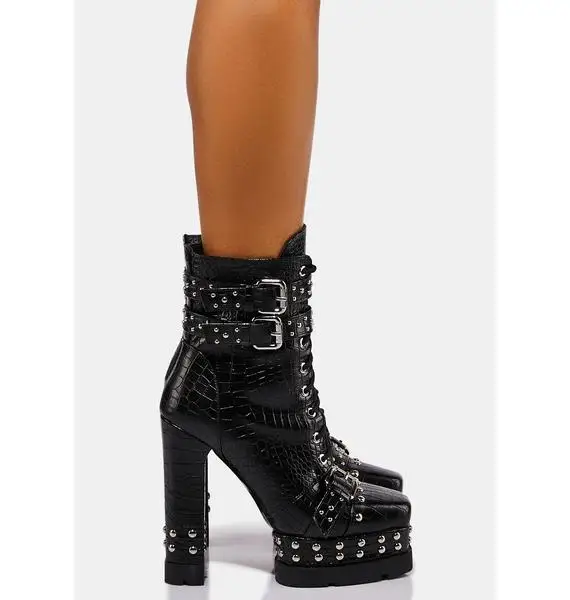 Supper High Chunky Heels Punk Styles Short Boots Women Double Platform Heels Over Lace up Ankle Boots with Buckles Studs All PU