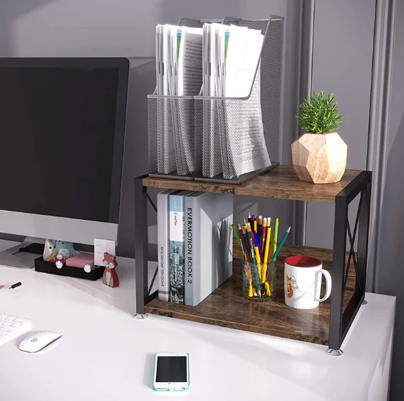 Desktop double-layer storage rack carbon steel wood art multi-layer printer office finishing rack kitchen microwave oven storage