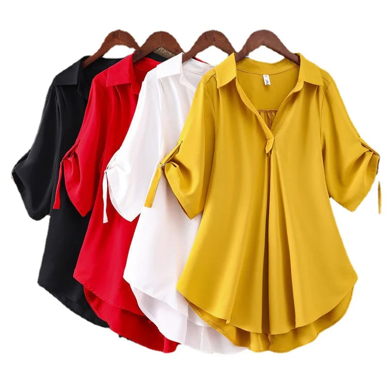 PP84- Summer New Style V-neck Solid Color Loose Chiffon Blouse Plus Size Short-sleeved Shirt
