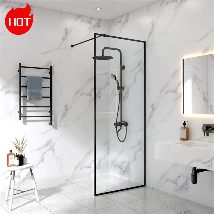 Oumeiga Modern 5/16 3/8 Inch Safety Tempered Glass Shower Screen Black Framed Aluminum Profile with Fixed Glass for Bathrooms