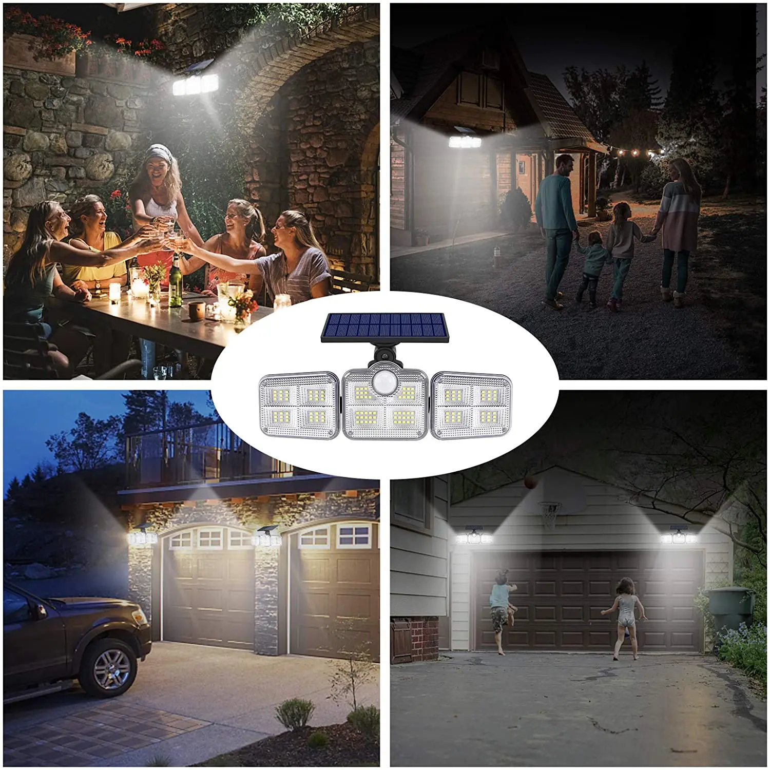 1000LM Wireless LED 3 Adjustable Heads 270 Wide Angle Solar Motion Sensor Lights Outdoor For Patio Yard Garage