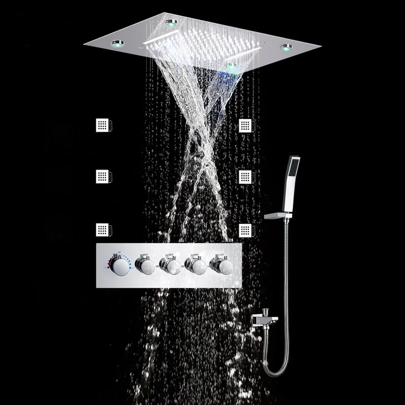 Bathroom Accessories LED 360*500mm Rain Ceiling Waterfall Mount Mirror Thermostatic Shower Set Showerheads With Jets