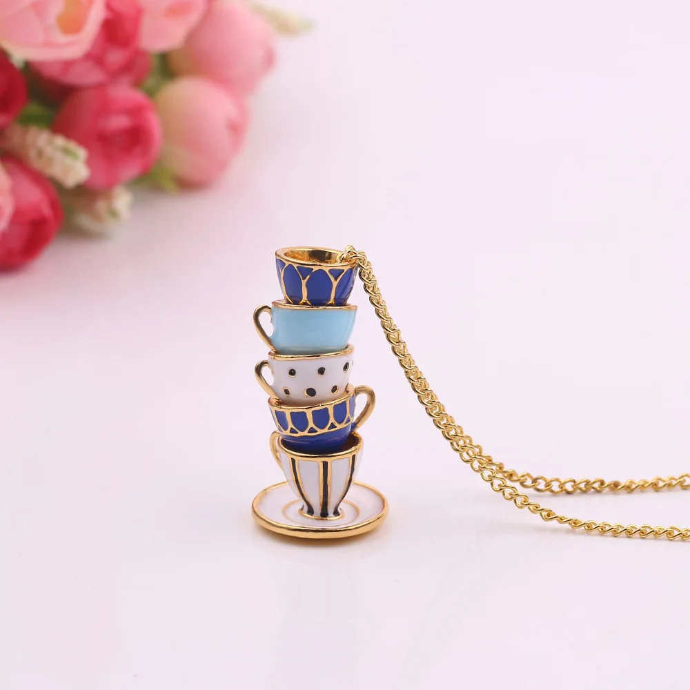 Jewelry fashion accessories enamel glaze tea cup coffee cup versatile sweater necklace pendant wholesale