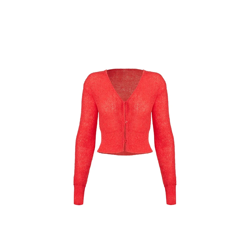 Fashionable office ladies long sleeve deep v-neck crop cardigan wool-blend thin and light knitted sweater