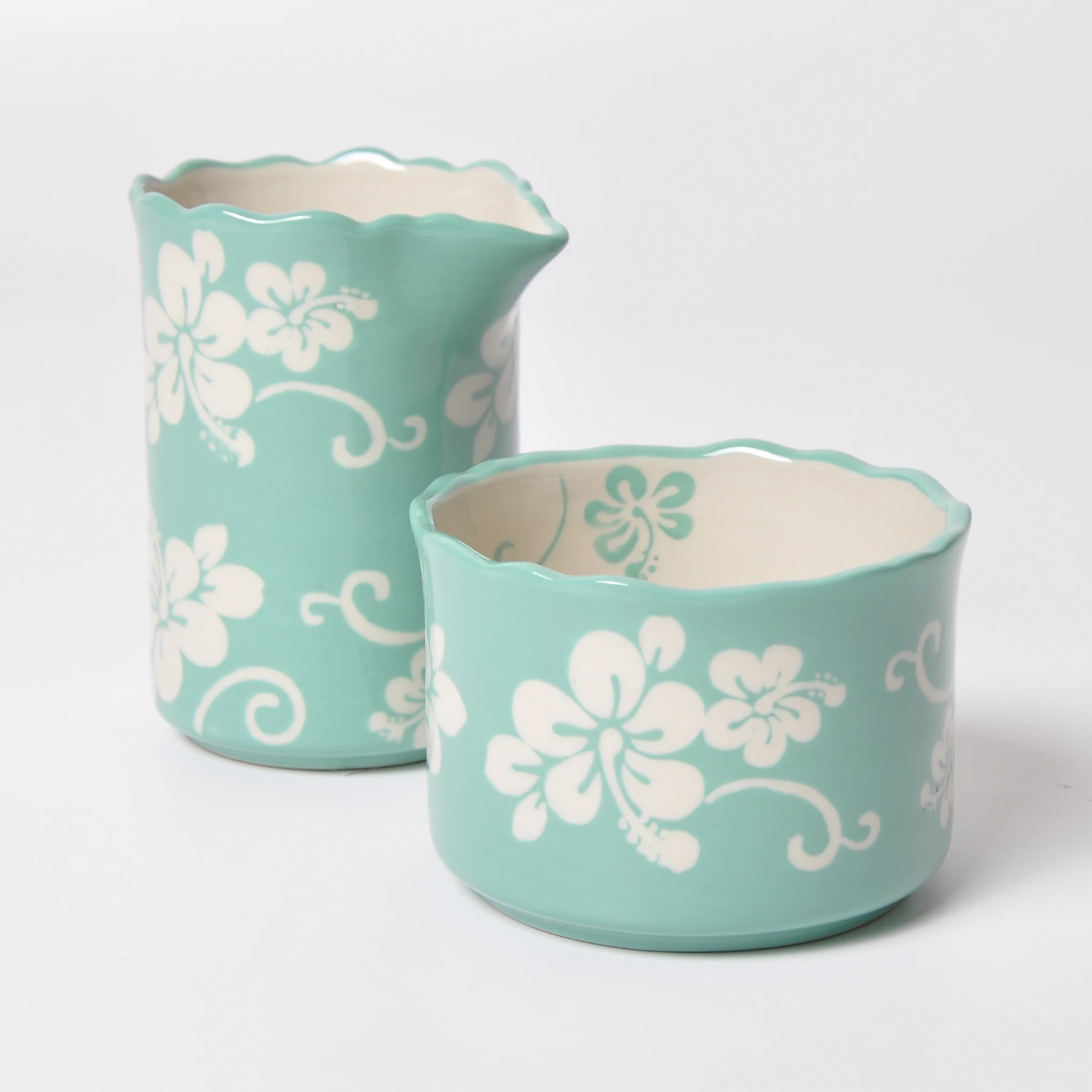 
Hand Painted Flower Elegant Shape Scalloped Rim Sugar Set Tea Pot Ceramic 