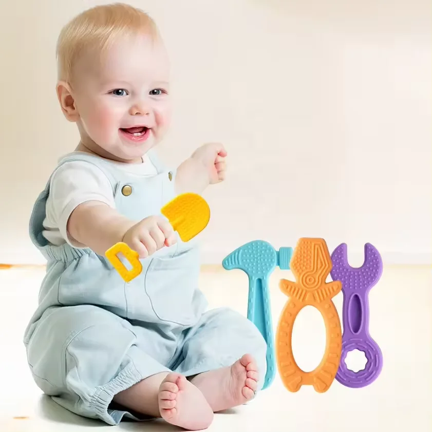 Hot Food Grade Baby Teething Tools Chew Toys Silicone Hammer Wrench Spanner Pliers Shape Baby Silicone Chewed Toy Teether