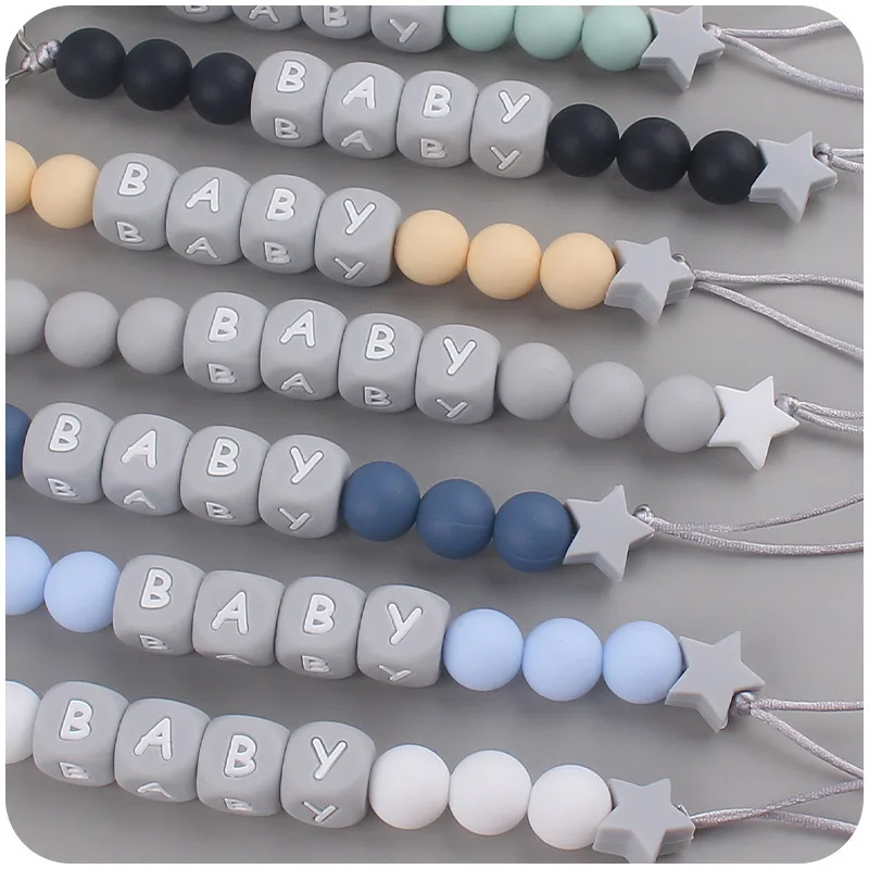 New Star Pacifier Clip Wood Pacifier Clip Baby Silicone Beads Teething Toy Cartoon Pacifier Chain For Baby