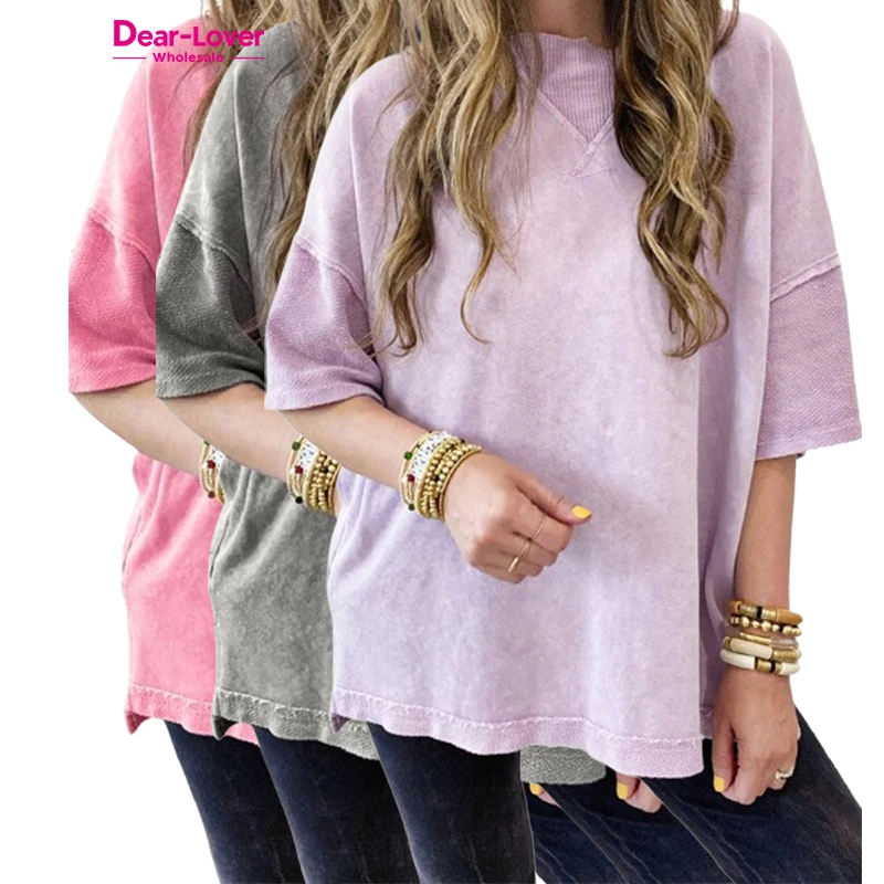 Dear-Lover Wholesale Women Orchid Petal Mineral Wash Exposed Seam Drop Shoulder Oversized Tee