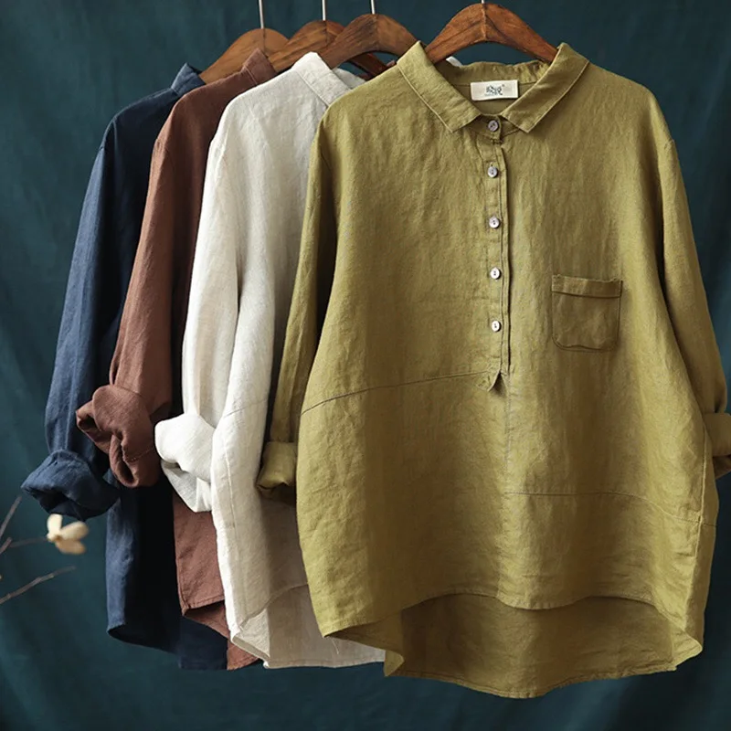 Loose style women linen cotton blouse long sleeve spring autumn