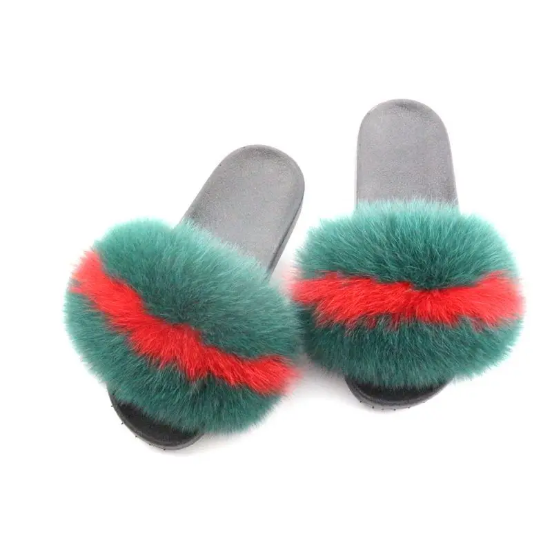 Real Fur Slides Fox Slippers Women Fluffy Slippers Fox Fur Slipper