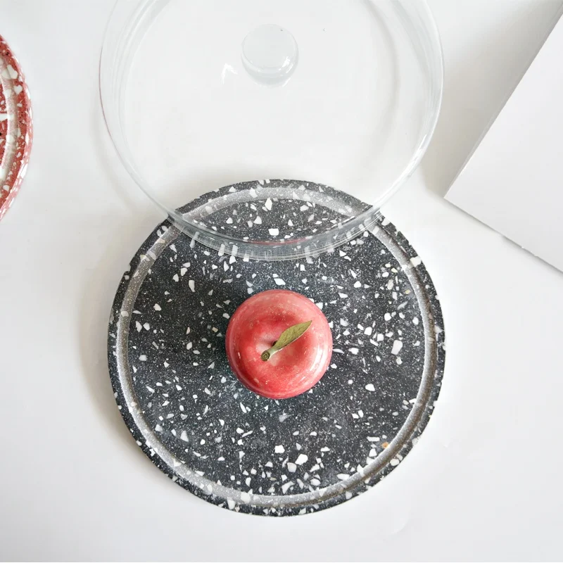 
Natural marble round base cheese dessert birthday cake display stand board with glass cover lid dome 