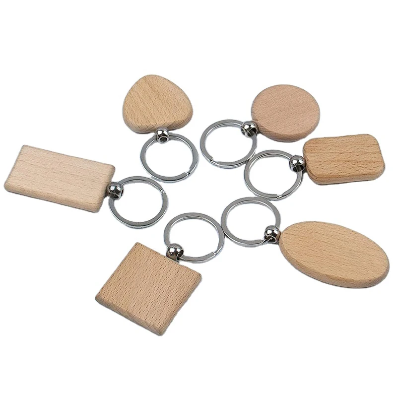 Custom Logo Personalized Engraved Blank Beech Wood Key Chain Tag Key Ring Wooden Keychain