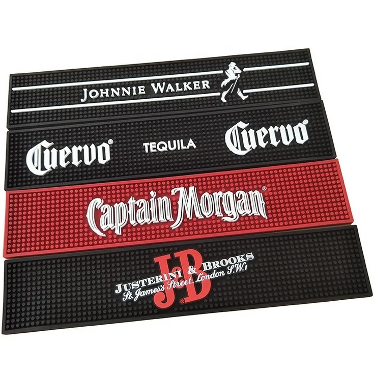 Customized shape Fashion branded rectangular Eco-Friendly rubber PVC bar mat spill drip mat for countertop with logo