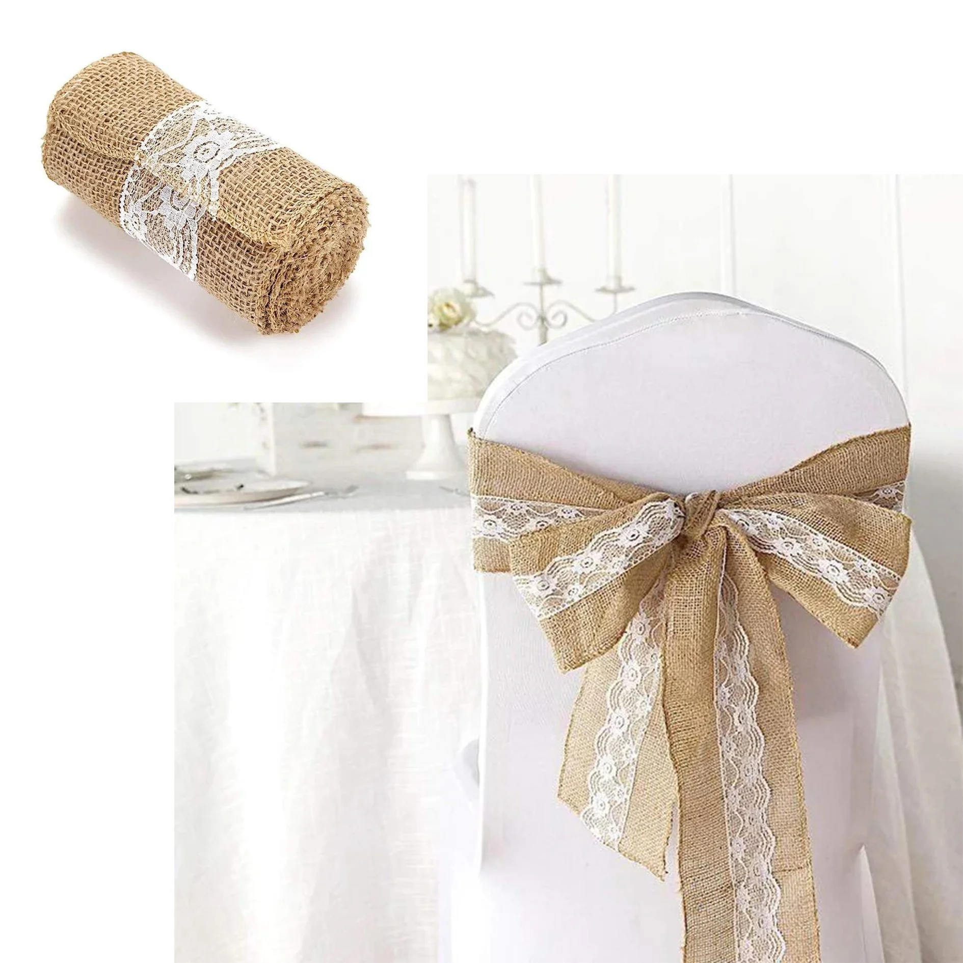 5x108 in Natural Burlap Chair Sash with White Floral Lace