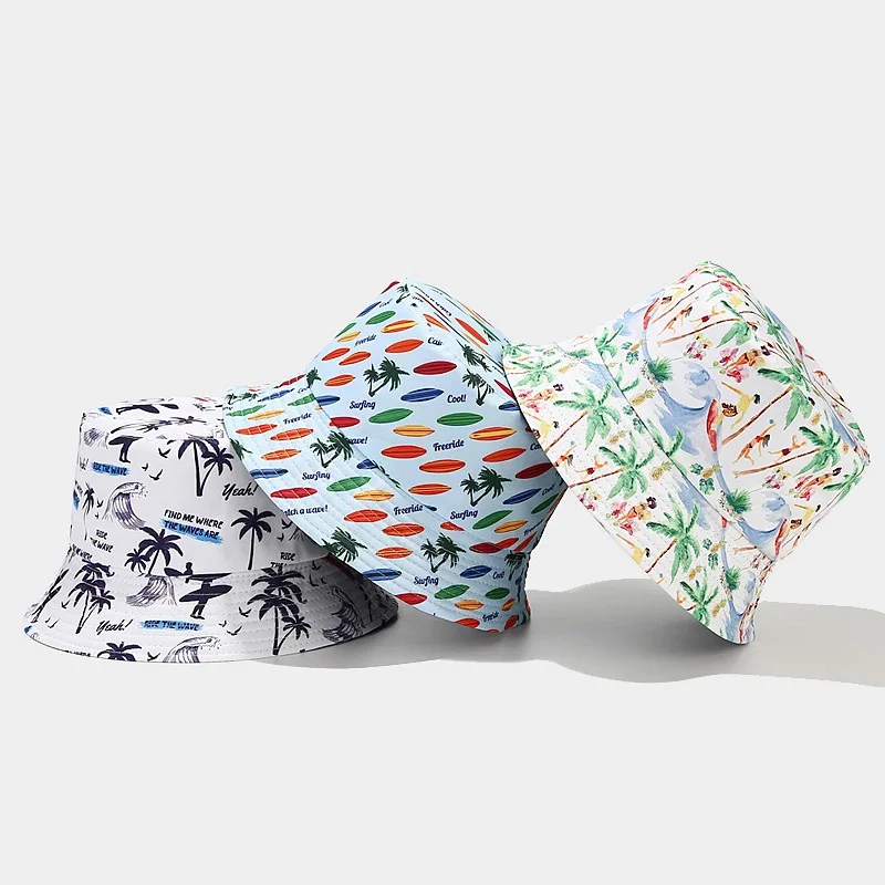 Unisex beach summer sun hats cool surfing printed men customized logo bucket hat