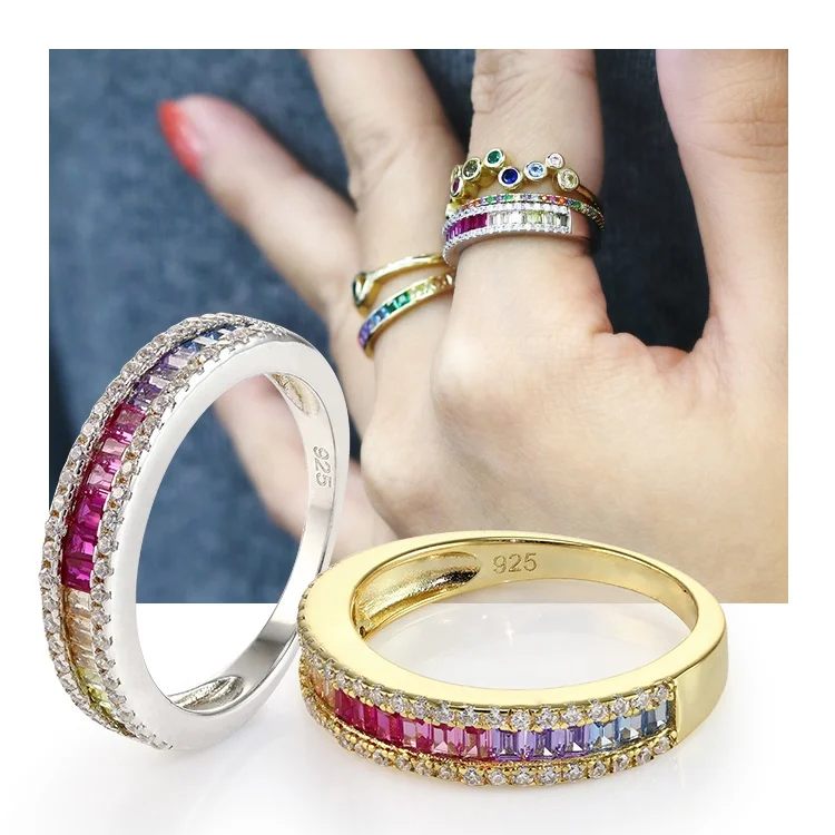 Hot sale Classical Finger Rings Multicolor Mirco Pave Diamond Cubic Zirconia Jewelry Silver 925 Girls Rings For Gift