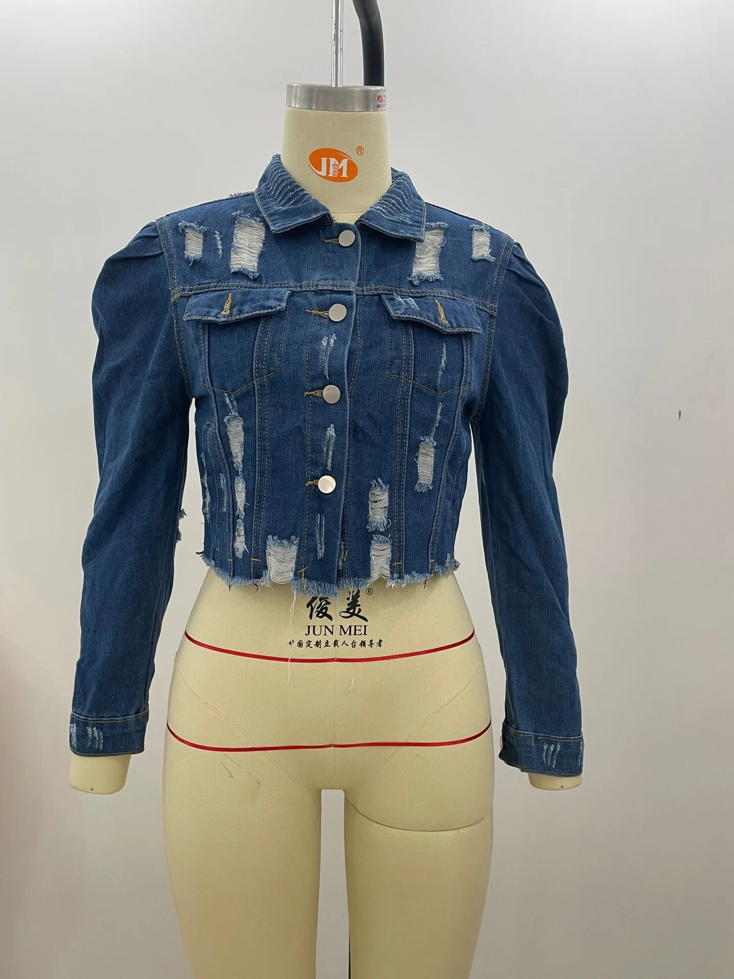 Wholesale Fashion Puff Sleeve Ladies Denim Jacket Women Coat Casual Ripped Holes Womens Jean plus size