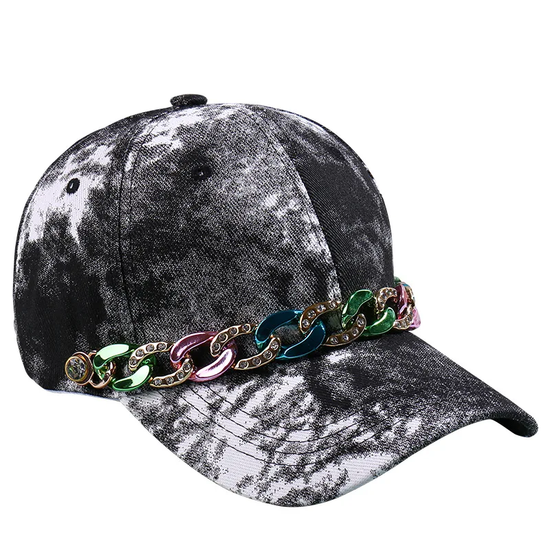 HJH115 Adjustable Crystal Metal Chain Hallow Out Hat Retro Breathable Messy Buns Baseball Ponytail Sport Caps
