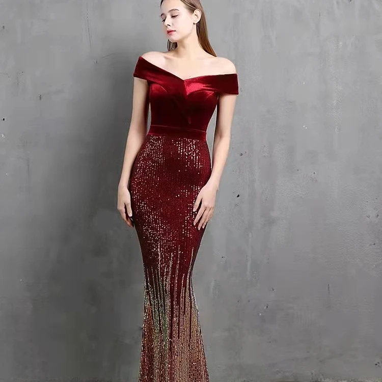 New style evening dress elegant velvet patchwork sequins slim-fit party formal mermaid long evening dress