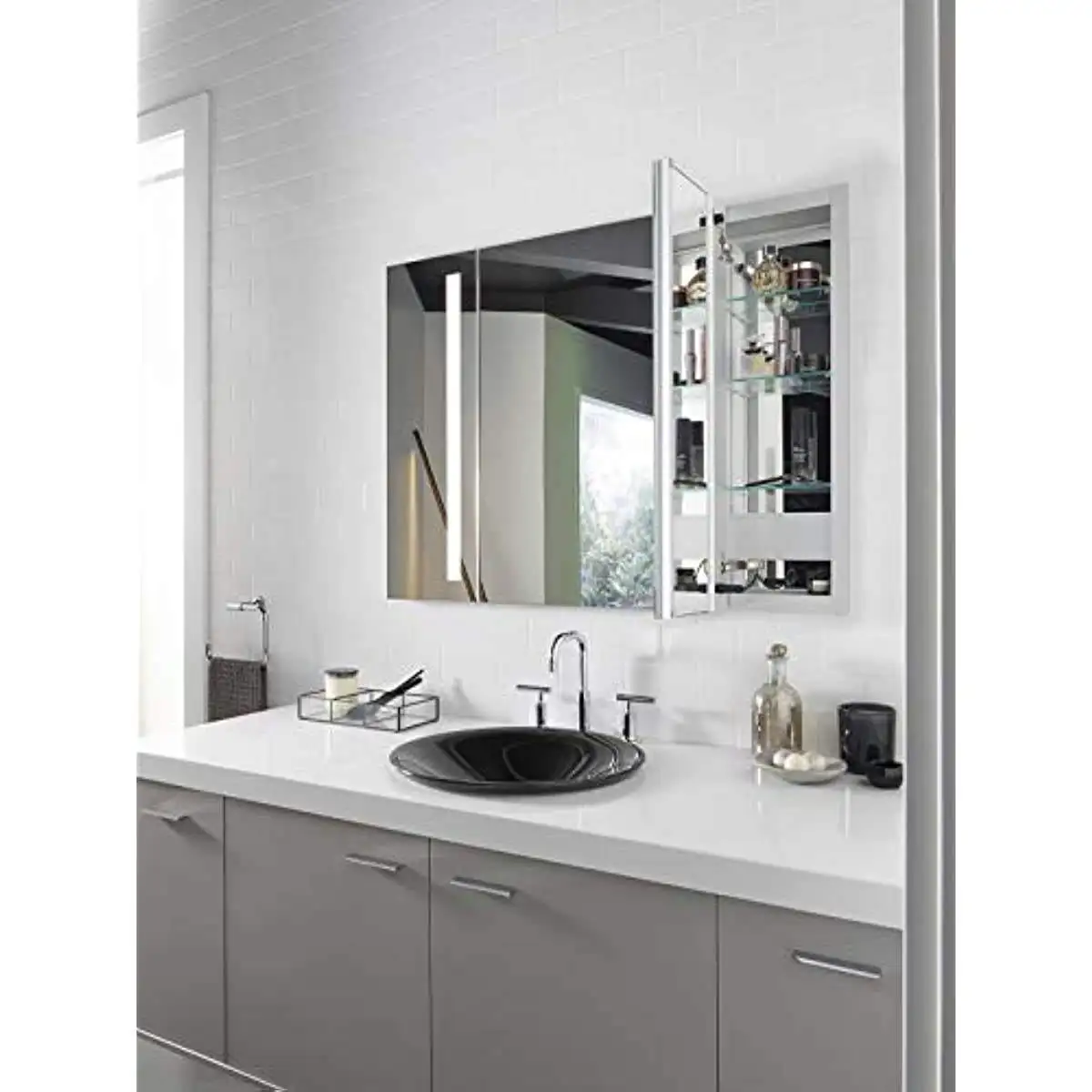 Recessed or Surface Mount Lighted Aluminum Bathroom Medicine Cabinet with Mirror