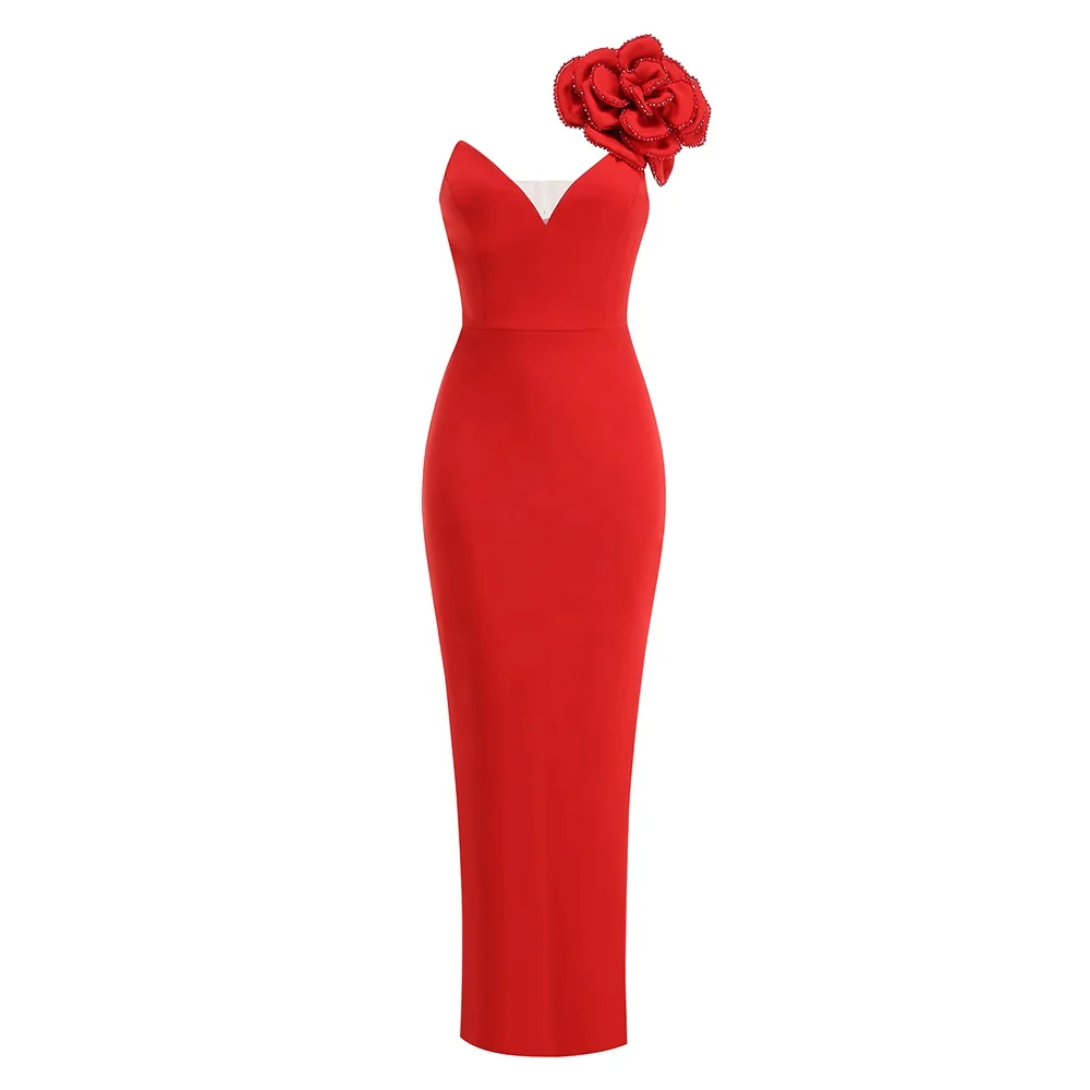 Sexy One Shoulder Diamonds Flower Patchwork Maxi Dress Women Red Florals Backless V Neck Bodycon Long Dresses Evening Party