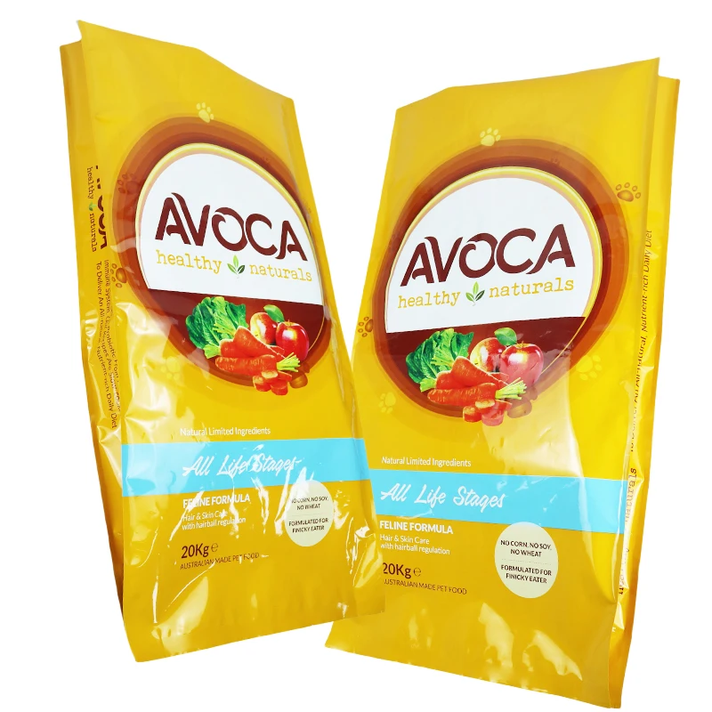 Pet Food Bag Custom Aluminum Foil Nylon Material Biodegradable Four Side Seal Pet Cat Dog Dried Food Bags 20 50kg Packaging Bag