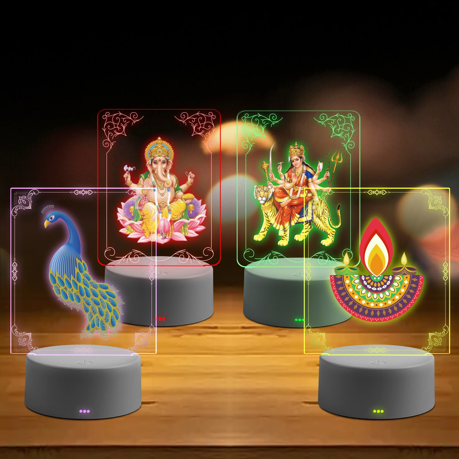 Персонализированная 7 видов цветов Светодиодная лампа Diwali настольная Happy 3D индусская Ночная