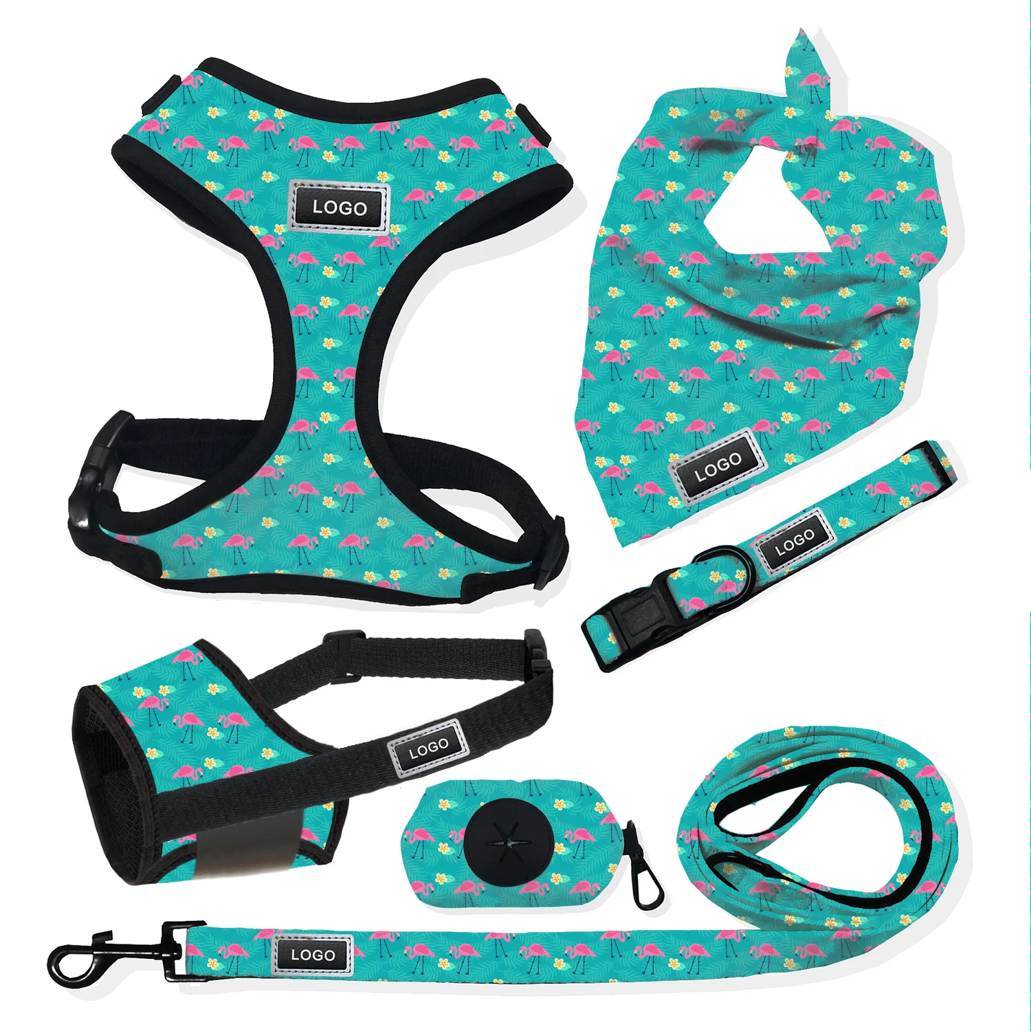 Bite-proof Dog Muzzle Dog Accesories Dog Collar Harness Leash within Flamingo Patterns