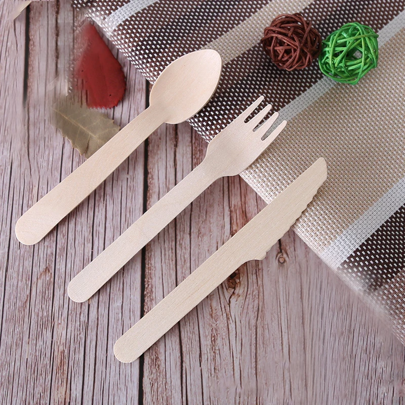 Eco Friendly Disposable Tableware Degradable Disposable Tableware Western Food Wooden Spoon Knife And Fork