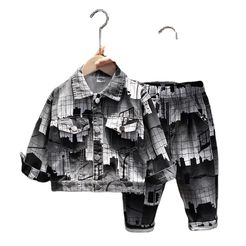Spring and autumn kids printed clothing sets children long sleeve clothes suits baby boys denim jackets and pants