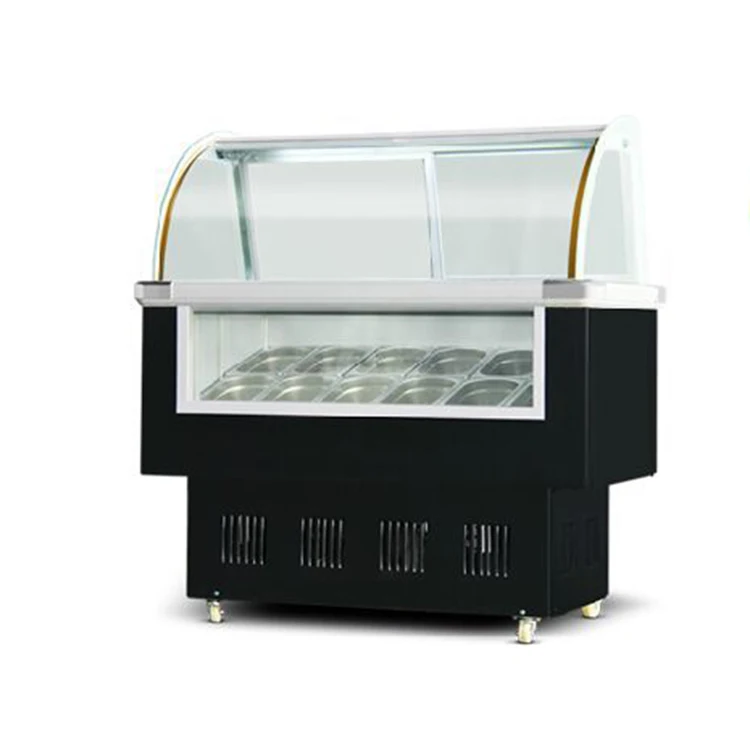Коммерческий изогнутый стеклянный холодильник для мороженого итальянская морозильная