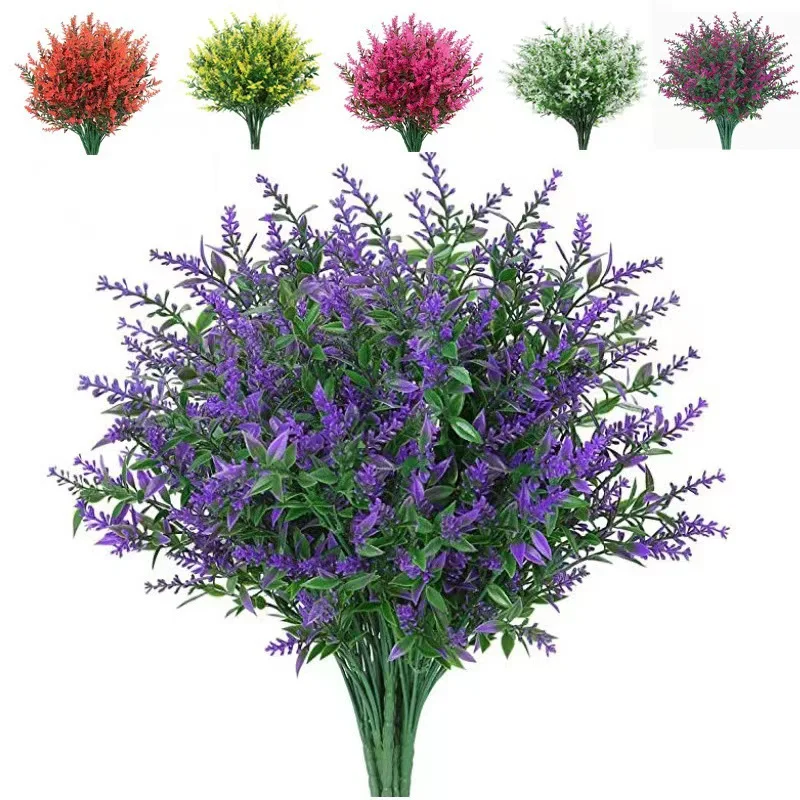 Artificial Flowers Flocked Plastic Lavender Bundle Fake Plants Wedding Bridle Bouquet Indoor Outdoor Home Kitchen Office Table