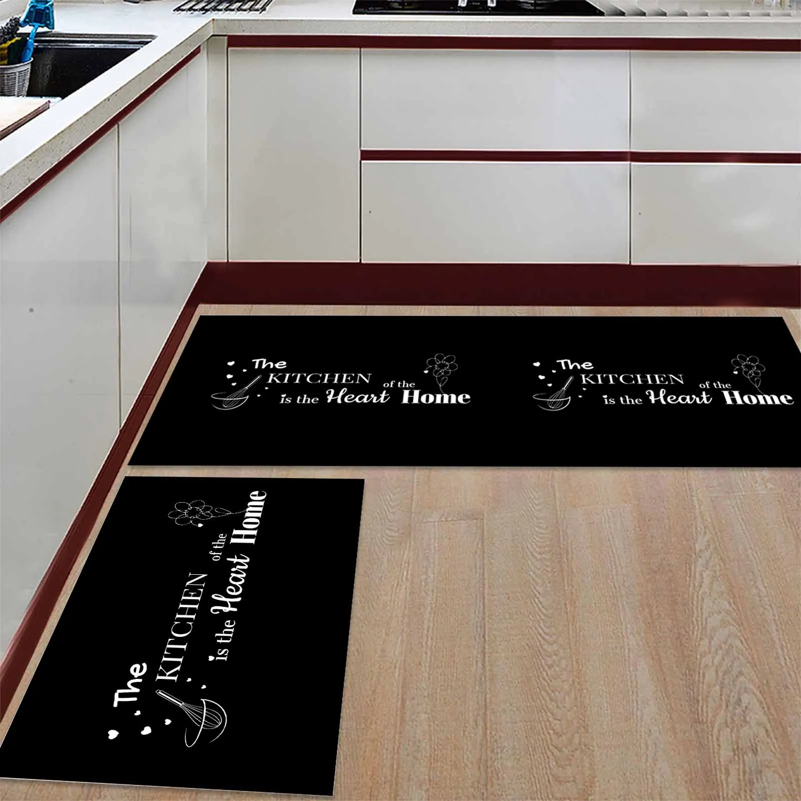 Wholesale Black and White Kitchen Cushioned Runner Rugs Non Skid Washable Microfiber mats for Kitchen Floor Decor Sets of 2pcs