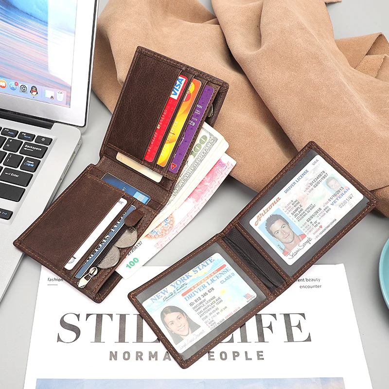 Factory supplier wholesale price man wallet real genuine leather trifold short high quality wear resistance slim wallet
