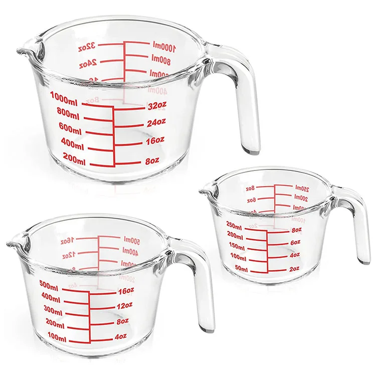 Heat Resistant Set of 3 250ml 500ml 1000ml Coffee Measuring Glass Cup Container with Handle