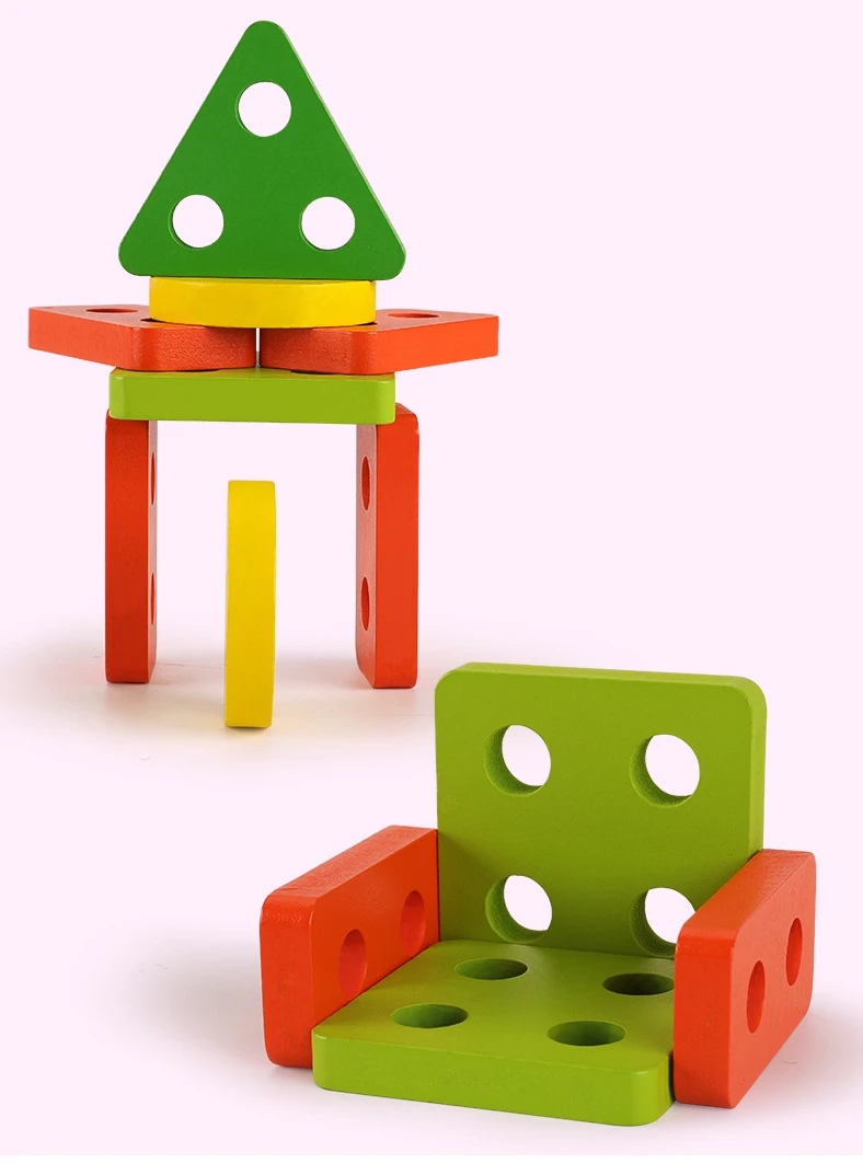 Kids Rainbow Wooden Educational Toy Multicolor Shape Sorter Stacking Block Geometric Stacker