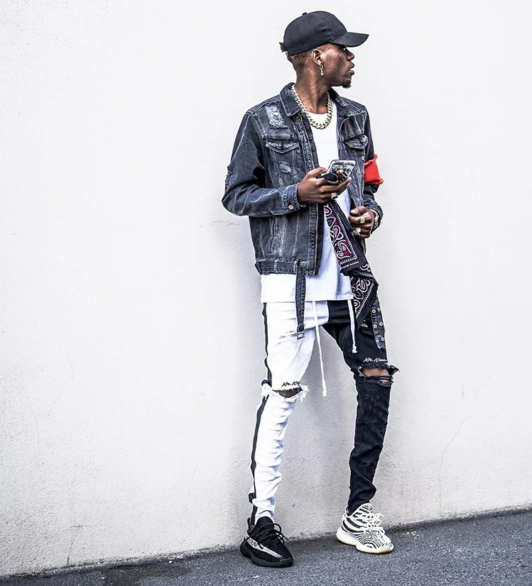 Abbigliamento Uomo Stylish Ripped Trouser Denim Pants Skinny Jeans Black White Male Men Slim Straight Coated Nonwoven Mid Waist