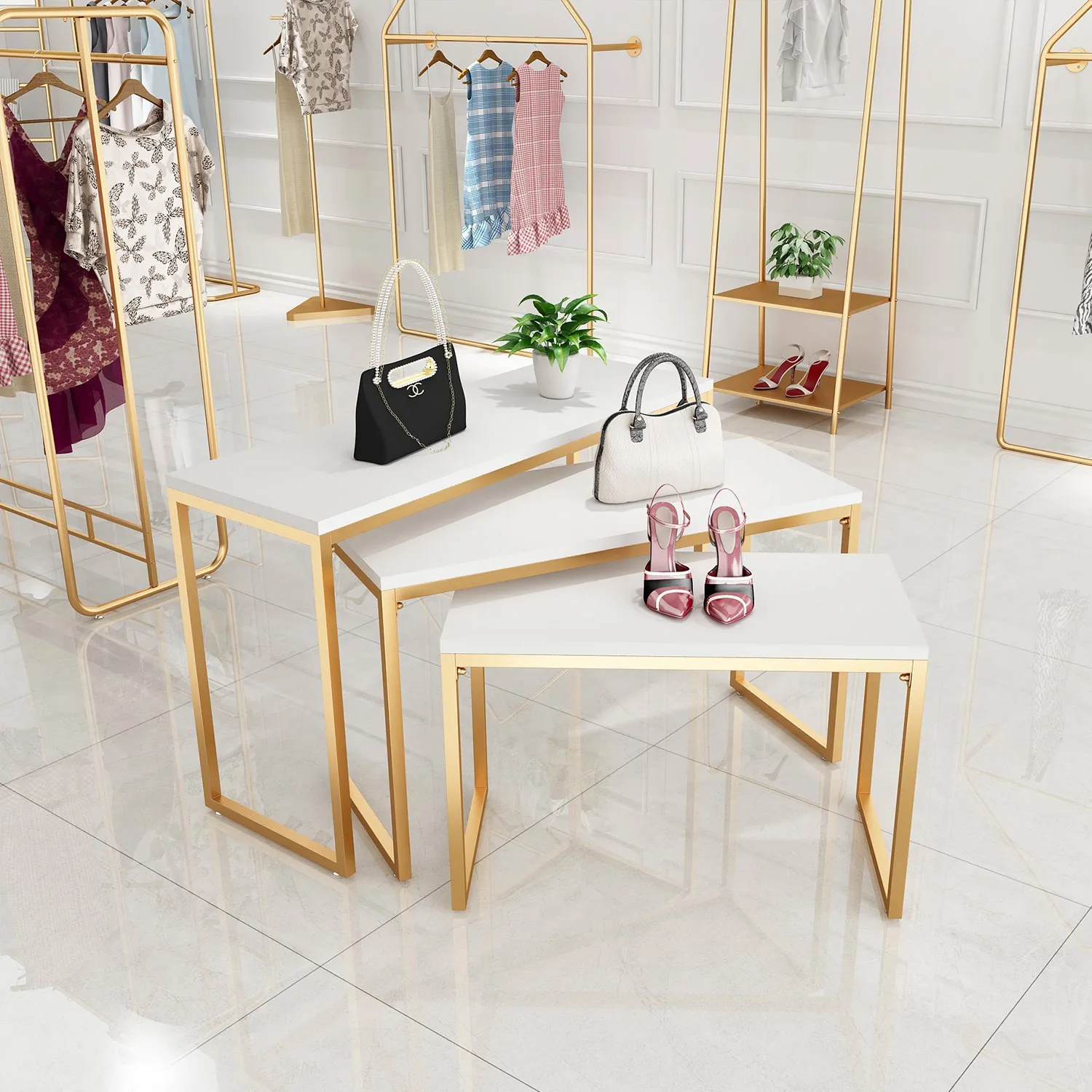 Boutique Store Design Nested End Table Set Clothes Rack Shop Fitting Gold Garment Storage Rack Display Table