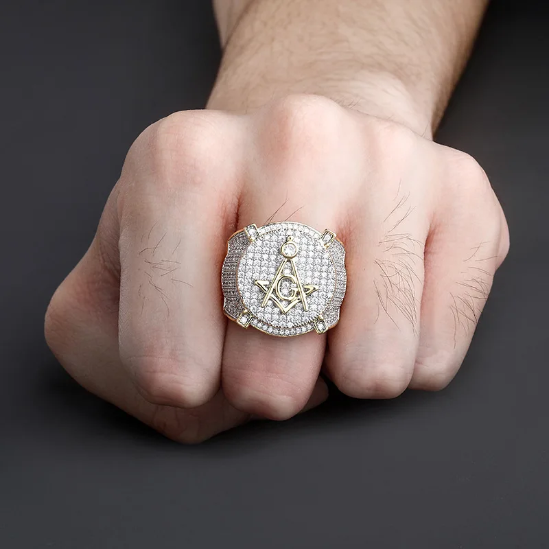 RQ Hip Hop Gold Color Plated Brass Iced Out Micro Pave Cubic Zircon Masonic Ring Charm For Men Gifts With 7 8 9 10 11