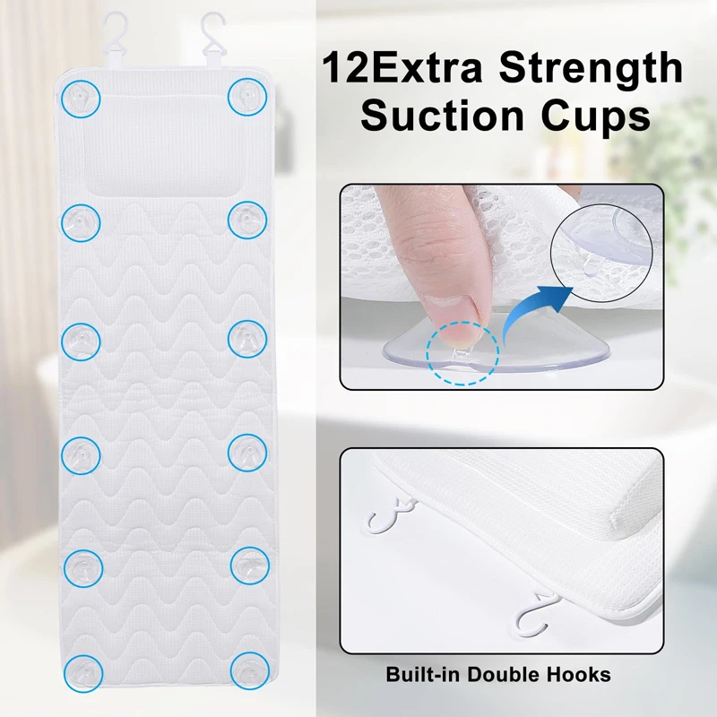 SUREWALHOME Full Body Bath Mattress Bathtub Mat with Pillow  Bathtub Cushion with Non Slip Suction Cups Ergonomic Bath Pillow