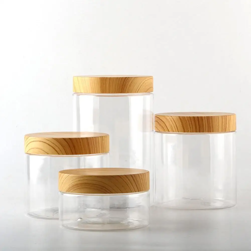 new design empty 30ml 50ml 100 ml 4 oz 200 ml 8 oz 250 ml 300 ml 500 ml bamboo wood lid round frosted clear plastic pet jars