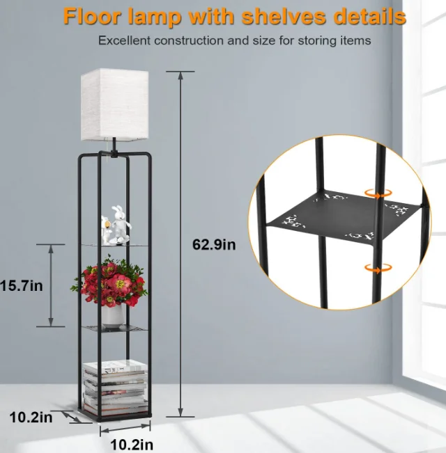 Decorative Metal Stand Floor Lamp With 3 Tiers Shelf Plants Rack Light