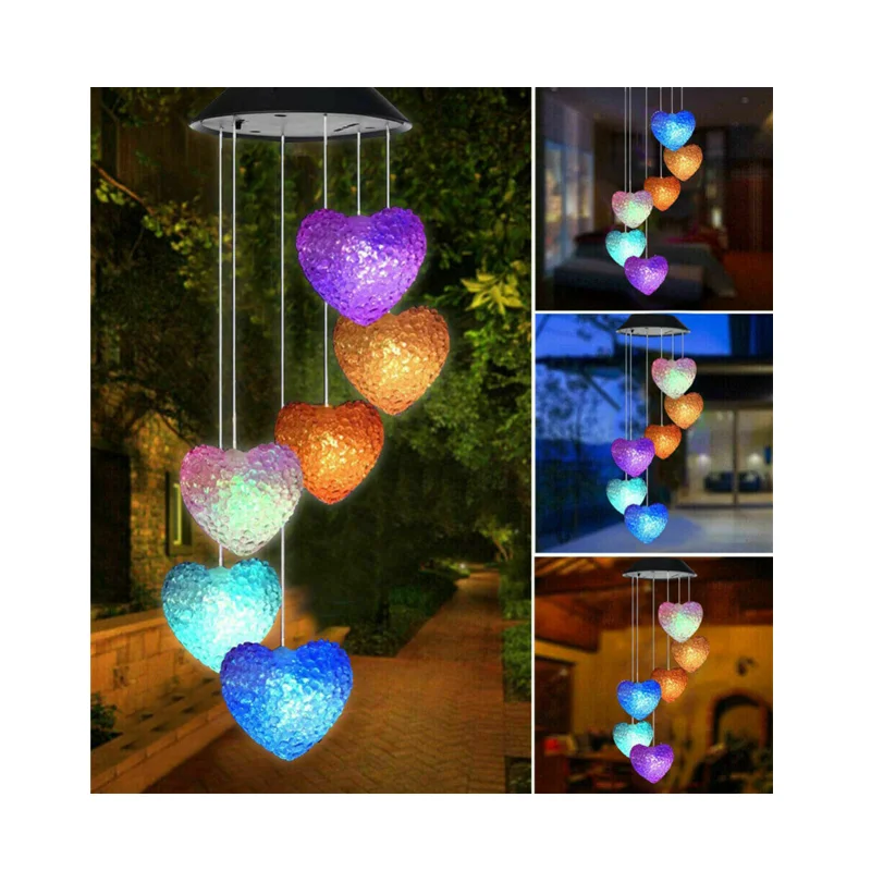 Mobile Portable Waterproof Outdoor LED Color Changing Solar Spiral Spinner Heart Shape Wind Chime Light for  Garden Patio Yard