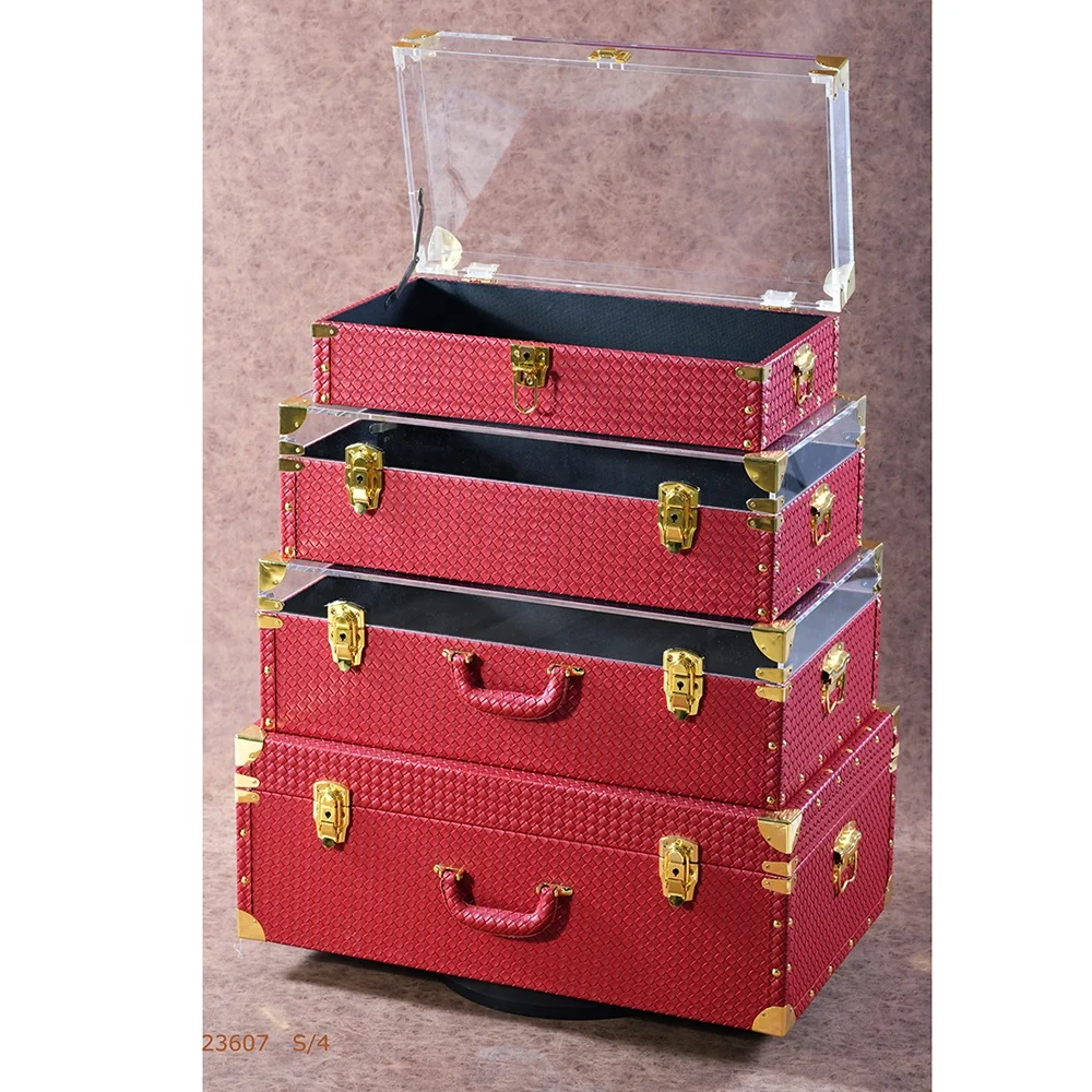 luxury leather surface wood storage trunk boxes with clear acrylic top/lid/cover for display