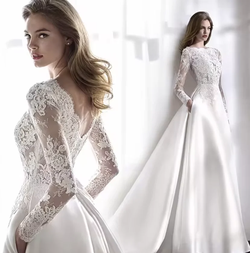 2024 autumn satin lace slim fashion bride long-sleeved open-back trailing wedding dress