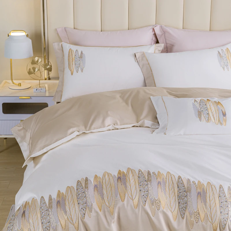 Luxury 100% Cotton Natural Organic 4-In-1 Bedding Set White Custom King Queen Size Duvet Comforter Cover Bed Sheet Bedding Set